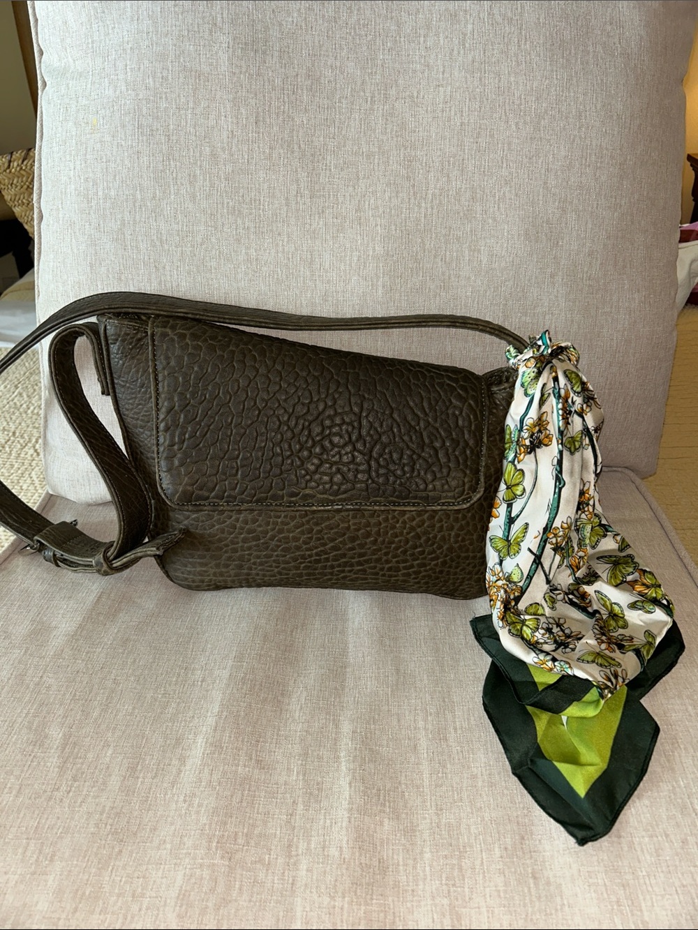 Textured Dark olive green Leather Crossbody Bag with Scarf Accent